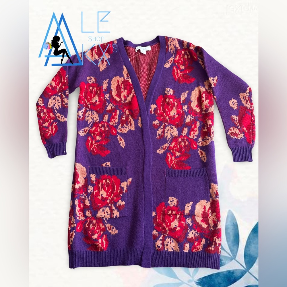 Bunulu Purple Red cream Floral Soft Cardigan Open Sweater Women's medium